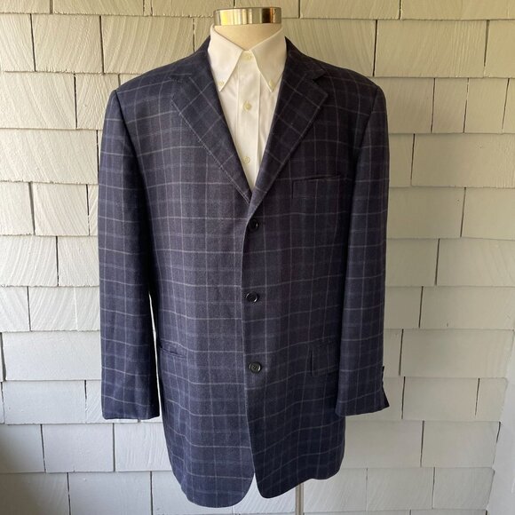 Faconnable Blue & White Plaid Wool Silk Linen 3-Button Mens Blazer Size 48 - Picture 1 of 10